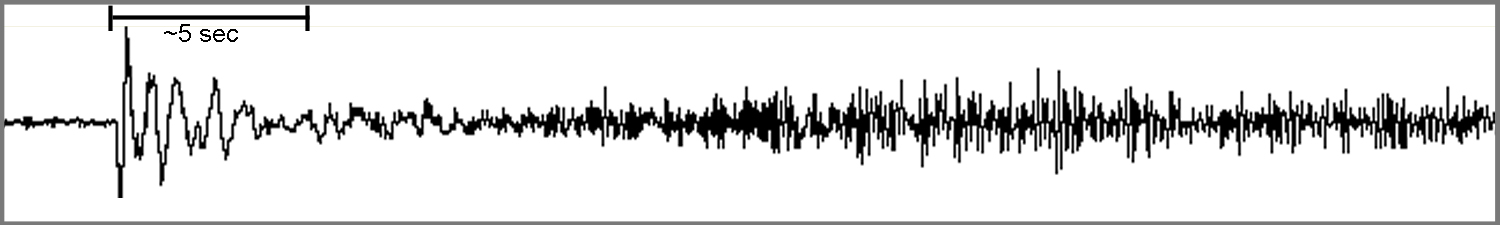 The energy shown here is from a sonic boom located within the SCSN boundaries. Because there are military bases around Southern California, we often detect sonic booms from test flights and training runs etc. The most common feature of sonic booms in our data is a large initial wave sometimes followed by an almost identical wave. These waves don't generally line up and spread out evenly like earthquake waves because our equipment and models aren't calibrated to compensate for energy moving through the atmosphere instead of the ground below. Though aircraft sonic booms are common, this particular one is from the Nov. 6, 2013 meteor that was seen above California, Arizona, Nevada, and Utah.